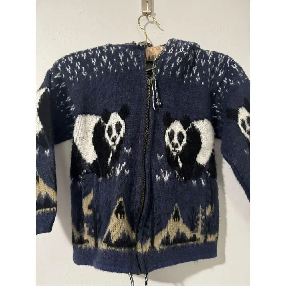 Panda Bear print hooded sweater wool kids 7/8
